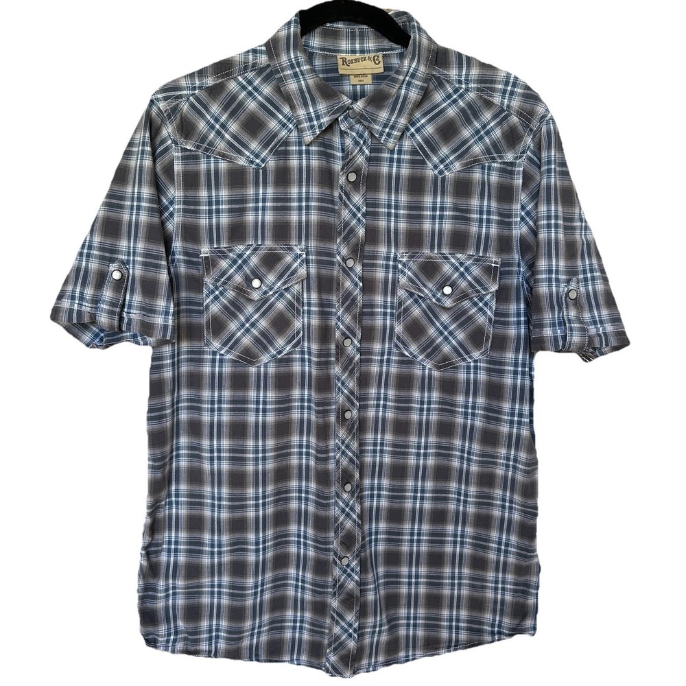 VTG Roebuck Co Shirt Men's Medium Pearl Snap Western Cowboy Plaid Ranch‎ Country